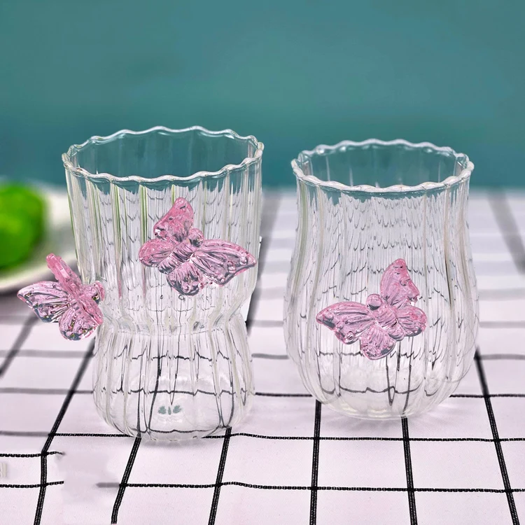 Wholesale custom Ribbed striped glass cup heat resistant Coffee mugs Creative 3D Butterfly Bow mug for gift