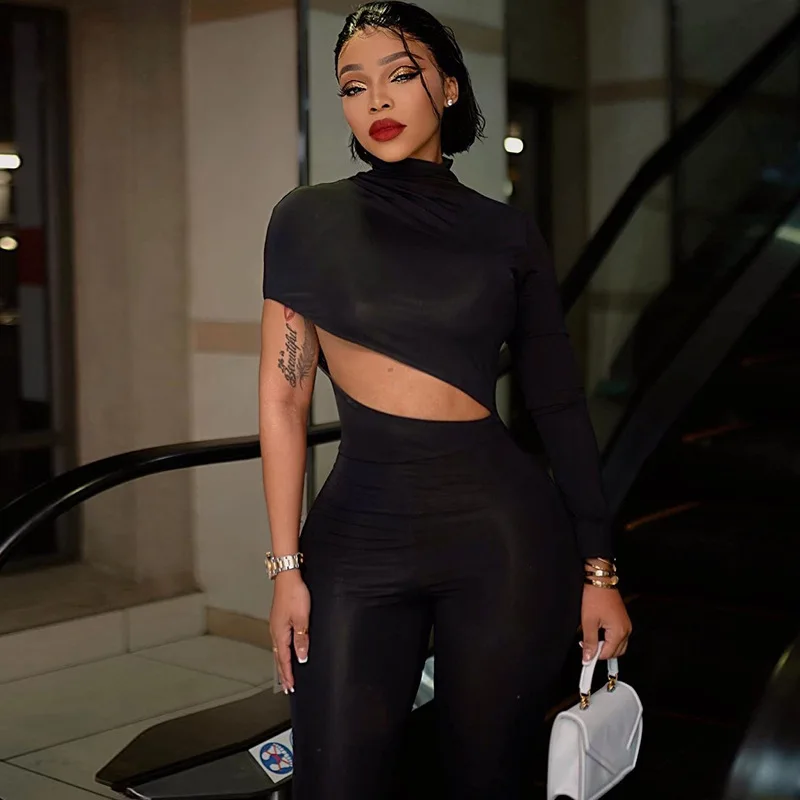 High-Quality Fashion Sexy Club Outfits Summer Solid Single Sleeve Cut Out One Piece Pants Bodycon Women Sexy Jumpsuit