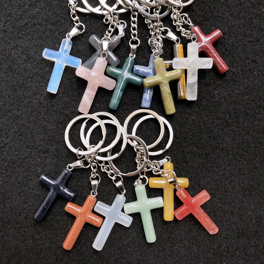 Wholesale Mixed Natural Agate Blue Sandstone Rose Quartz Crystal Cross Keychains