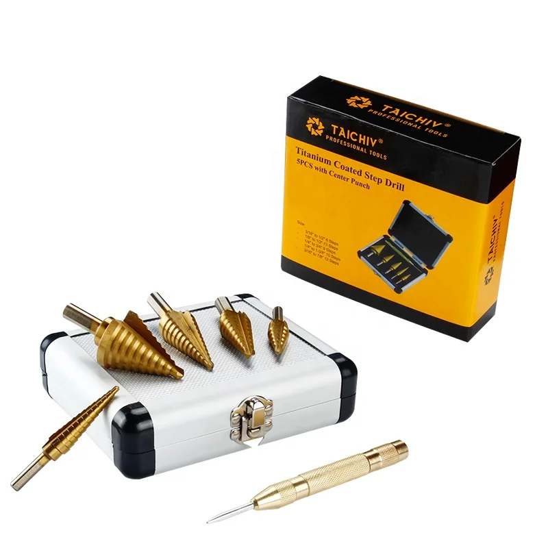 TAICHIV New Arrival High Quality 5pcs/Set HSS COBALT MULTIPLE HOLE 50 Sizes STEP DRILL BIT SET w Aluminum Case