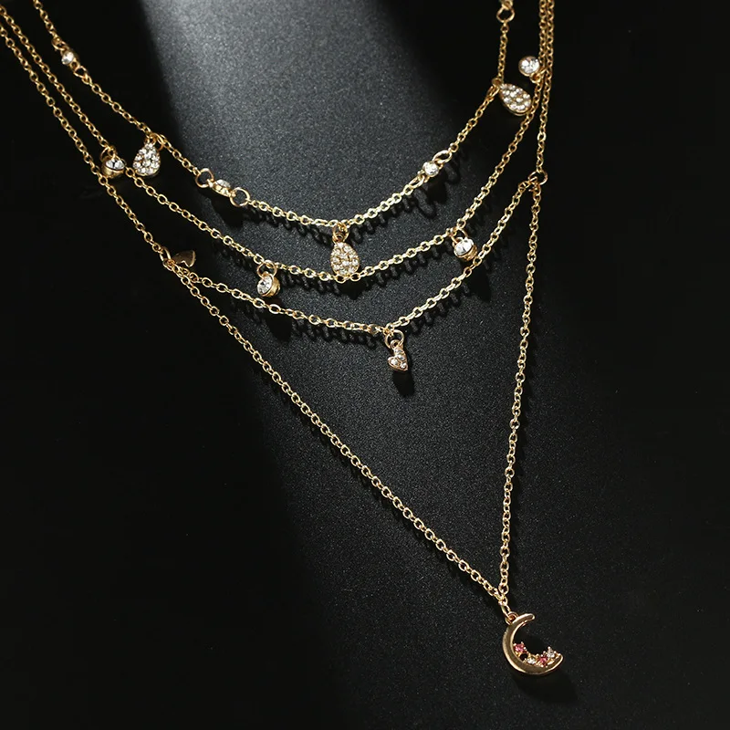 Wholesale and retail Korea simple geometric drop heart choker moon pendant short multi-layer necklace