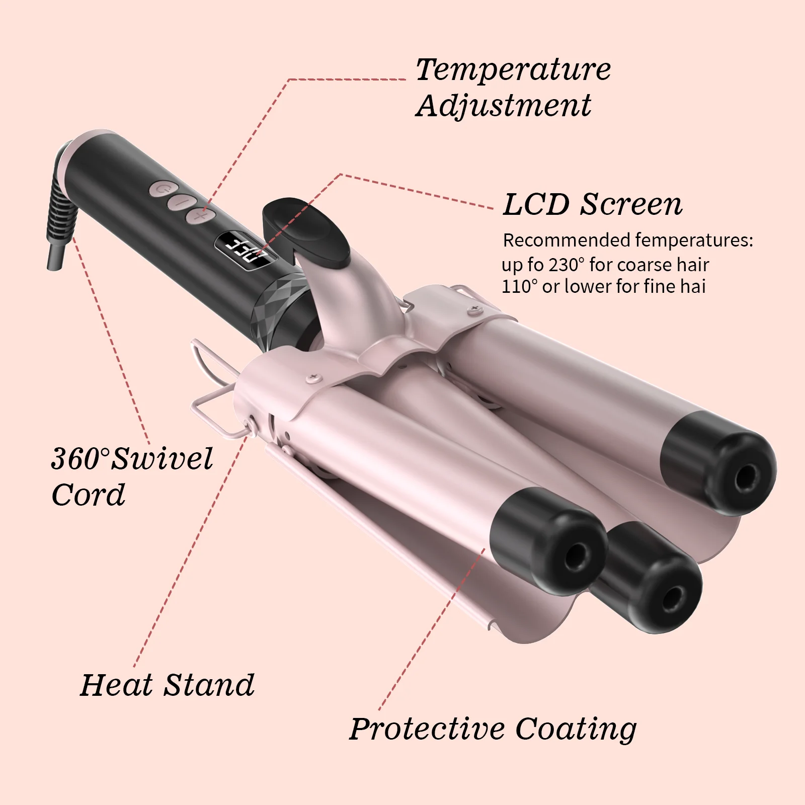 Top Selling LCD Temp Display Hair Crimper 3 Barrel Curling Iron Wand Dual Voltage Cordless Hair Curler For Home Use