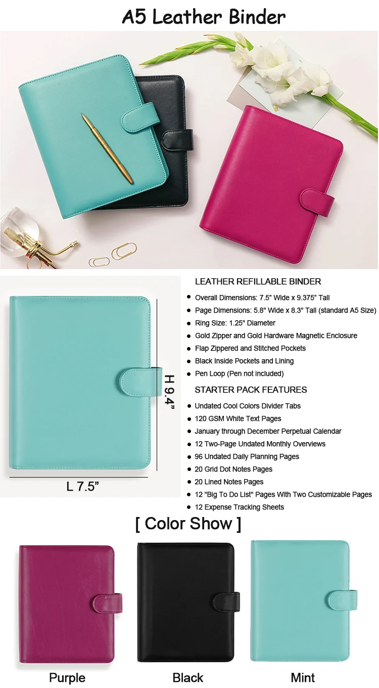  Изготовленный На Заказ A5 PU кожаный портфель Binder связующего офисная 6 кольцо папка для документов