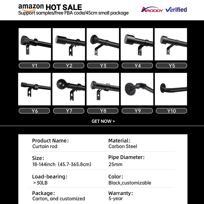 ARODDY 3m Heavy-Duty Black Iron Curtain Rod Set 66-144 Inch Adjustable Rustic Modern Design Metal Pole Home Outdoor Patio Window