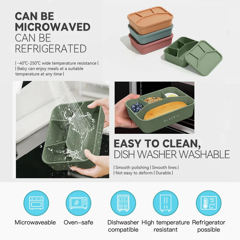 Customized Bpa Free Silicone Compartment Lunchbox Food Container Leakproof Children Adult Office School Kids Bento Lunch Box Set