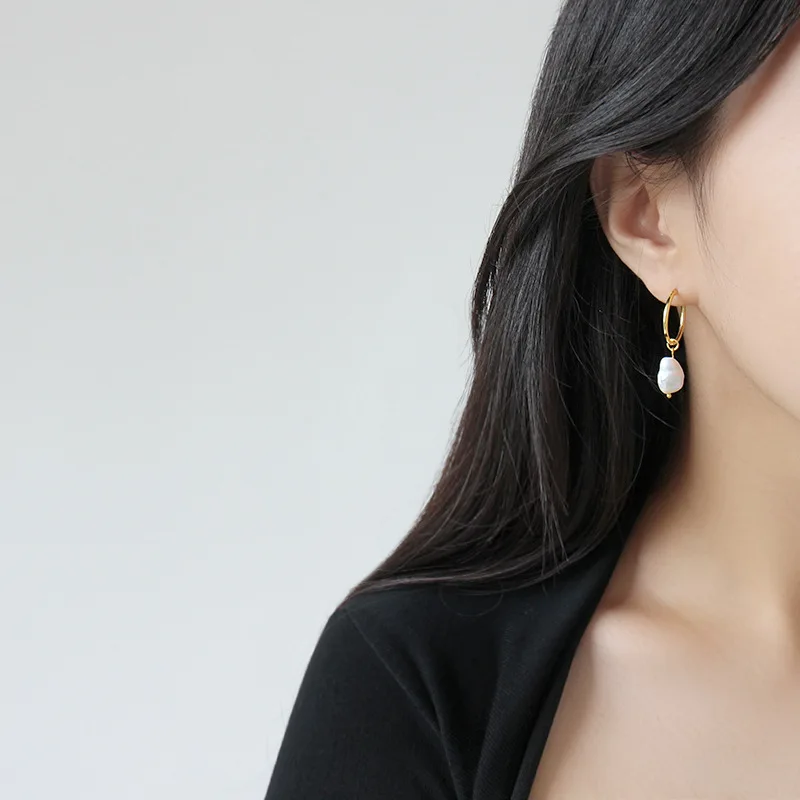 baroque 925 sterling silver gold plated hoop fresh water pearl earrings for