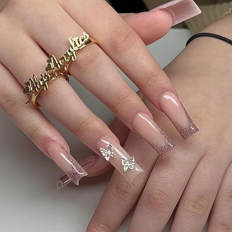 Beautiful Pink Handmade Acrylic Press on Nails Metal Butterfly Decoration Duck Tips Nails for Beauty Salon