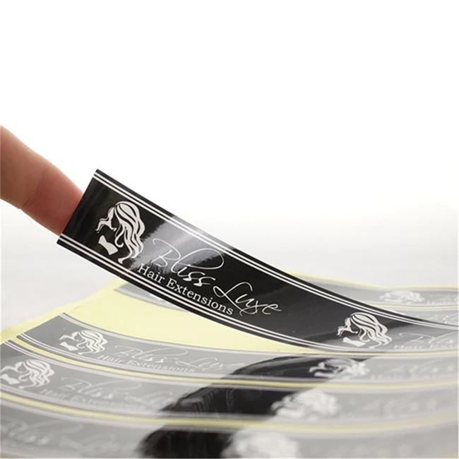 Low MOQ wholesale waterproof paper custom adhesive paper glossy sticker hair bundle wraps with hair hang tag