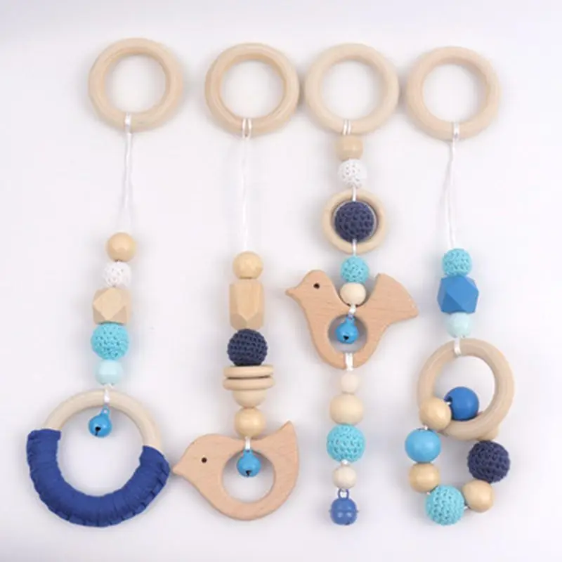 4Pcs Baby Gym Wood Toys Wooden Hanging Toy Activity Pendant Hanging Dangling Teething Soother Sensory Toys Nursery Decor