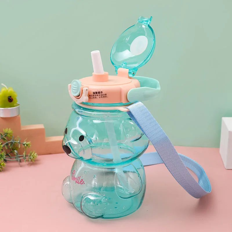 1l Large Capacity Plastic Bear Water Bottle With Straw Strap For Children Portable Water Kettle For Girl