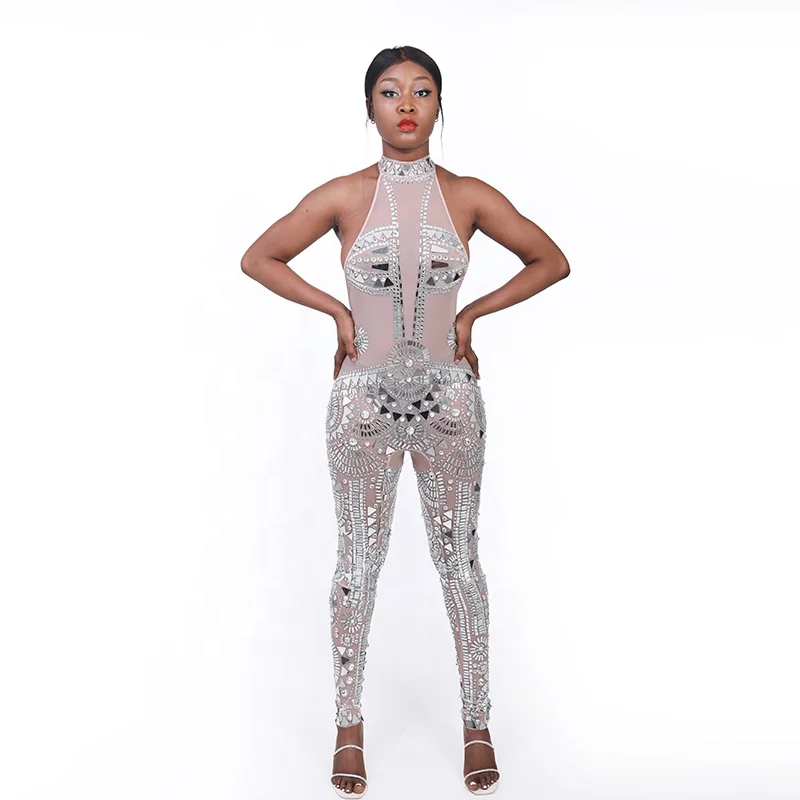 Женский модный клубный комбинезон, сетчатый сексуальный женский костюм, блестящий кристалл, бриллиантовый эластичный боди, костюм для вечеринки