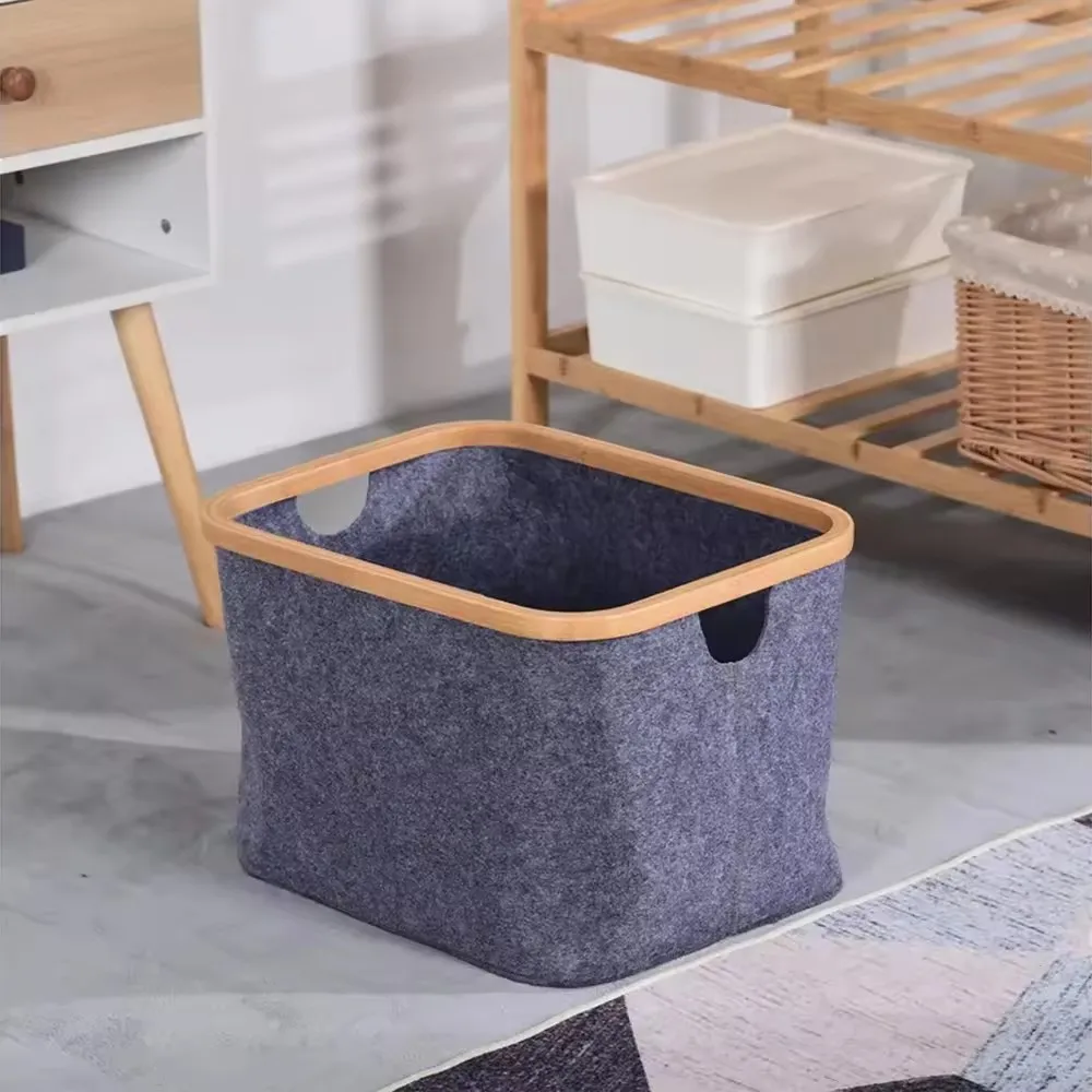 Collapsible laundry Bamboo frame eco-friendly Felt Storage Basket for Shelves Closet Customizable logo