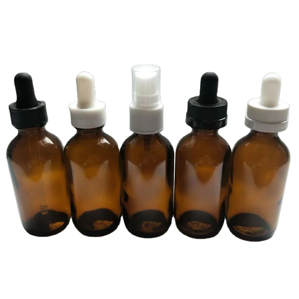 60ml brown Boston glass bottle with dropper cap and perfume spray tip