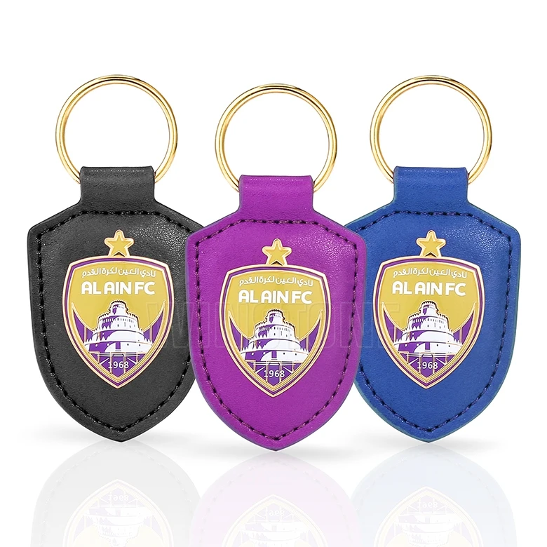 Custom Padded Shield Genuine Leather Key Fobs with Hard Enamel Metal Tags for Football Team Club