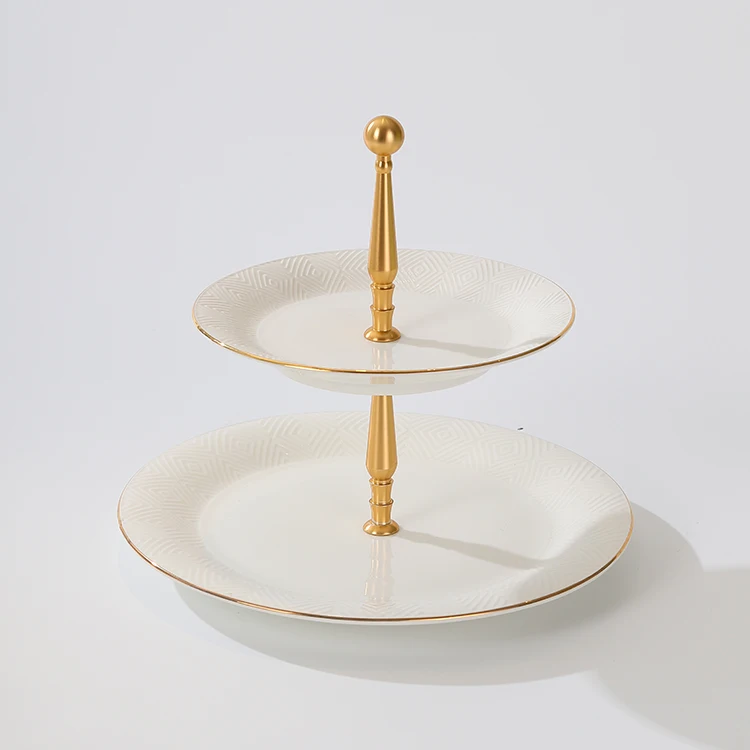 Wedding decoration tableware luxury white porcelain round cup cake dessert tray 2 tiered gold ceramic cake stand for events