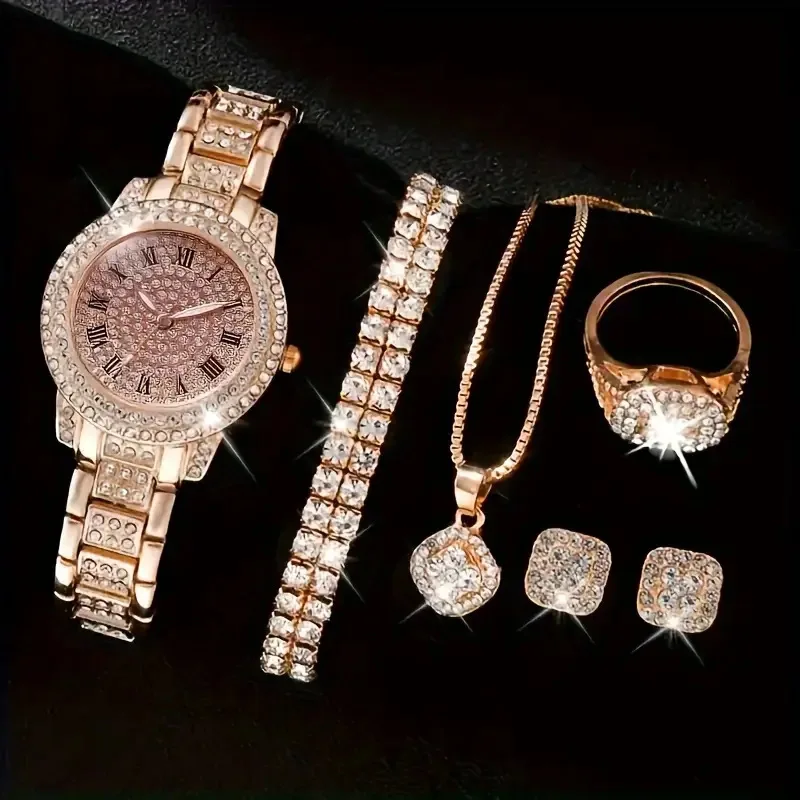 Luxury Elegant Wrist Watch & 5pcs Crystal Jewelry Set Stylish Rhinestone Iced Out Watches Set For Women Gift (WT2285)