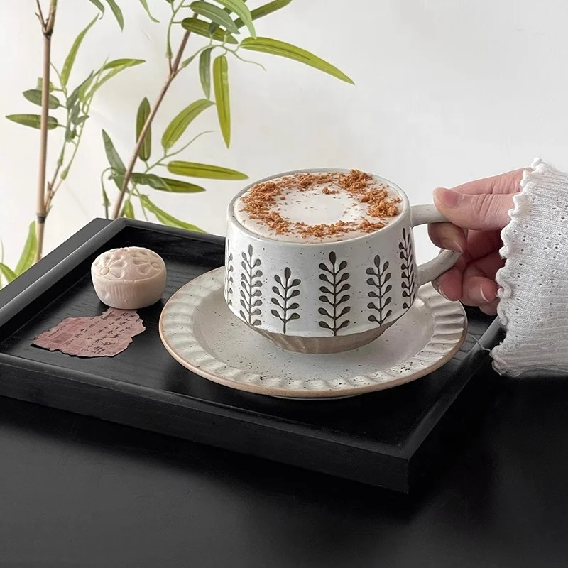 Vintage Painted Ceramic Mug Garden Style Flower Leaf Embossed Afternoon Tea Milk Cups Pottery Latte Cup For Cafe