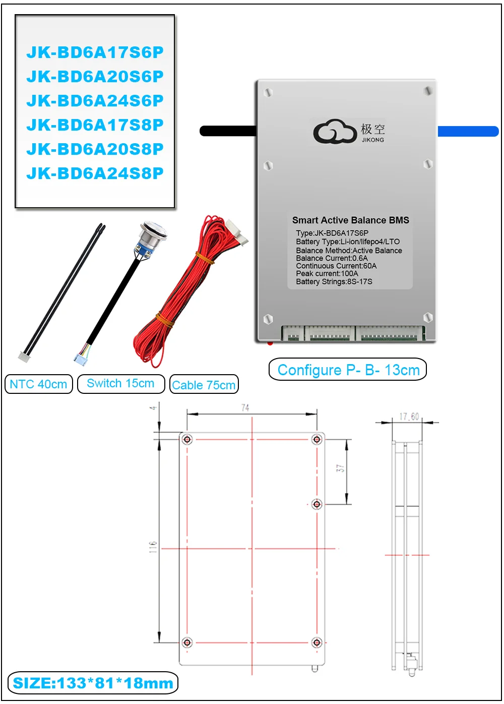 JKBMS Smart BMS 4~24S 40A~120A 0.4A 0.6A Active Balancer LFP LI-ION LTO Cells JK BMS JK-BD6A20S12P