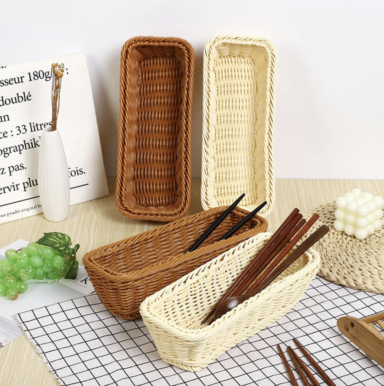 Kitchen Cutlery Storage Basket Hotel Restaurant Knife Fork Basket Household Chopstick Rectangular Imitation Rattan Basket