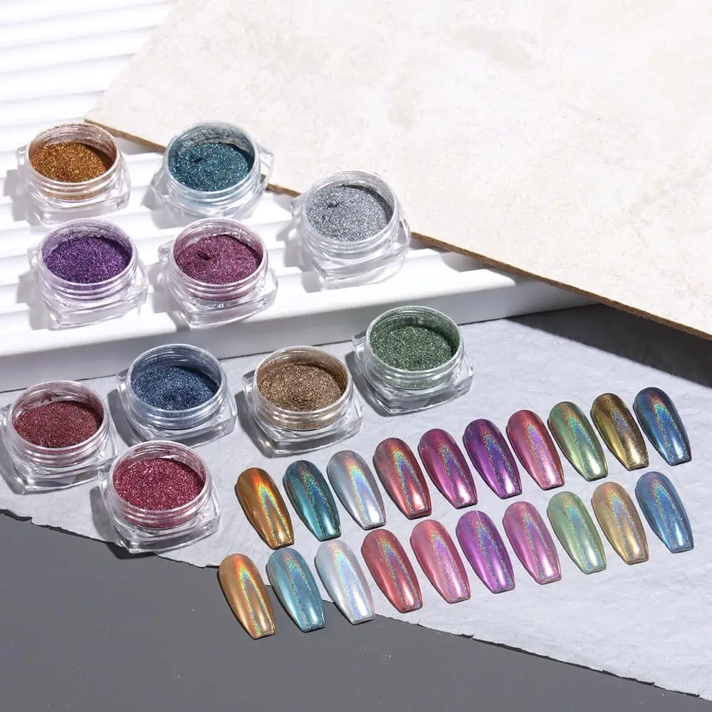 10 Colors Holographic Nail Powder Iridescent Metallic Mirror Laser Effect Magnetic Chrome Powder Wholesale For Nail Art