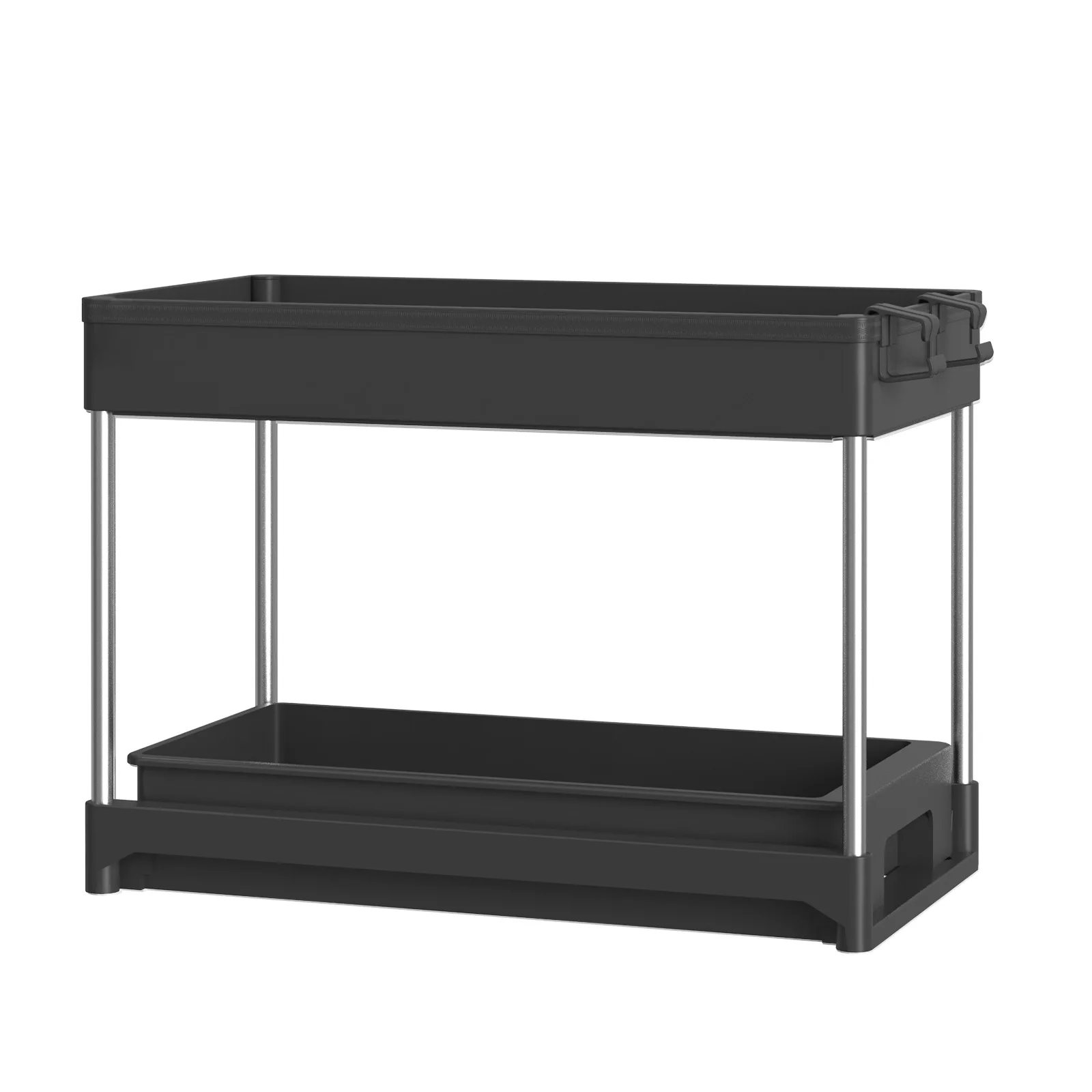 2 Tier Shelf with Hooks Handle wheels Basket Bottom Slide Out drawer cabinet holder Under Sink Kitchen organizer storage rack