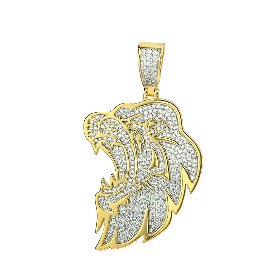 Fashion High Quality Hip Hop Jewelry Latest  Ice Out Zircon Diamond Lion Large Gold Plated Brass Tiger Pendant