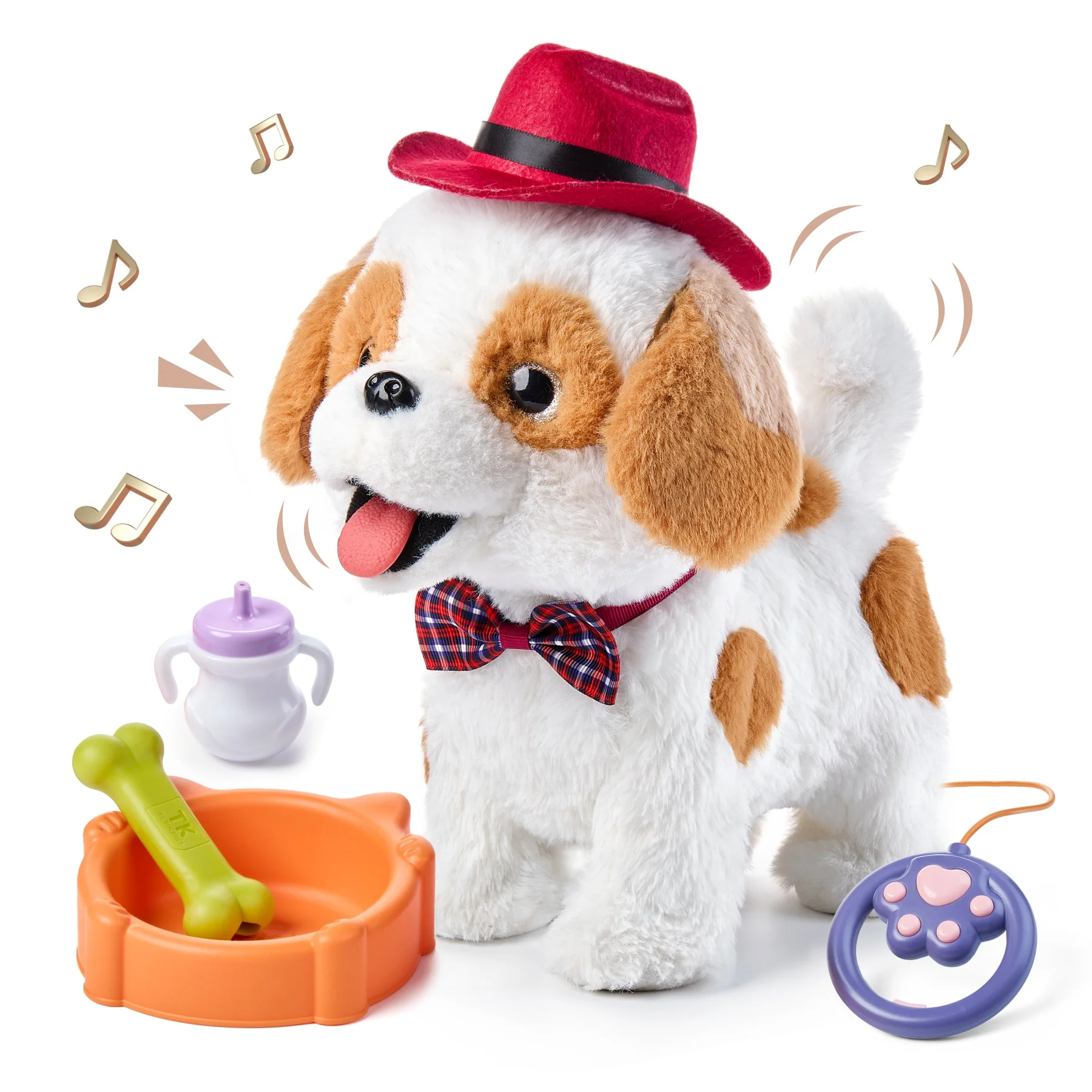 Tumama Kids Electronic Plush Toys Pet Hat Puppy Barking and Leash Walking Dog Feeding Dish Toy Set for Preschool Child Indoor