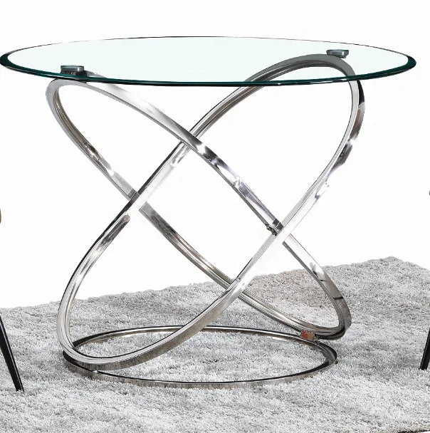 Restaurant kitchen glass top round dining tables stainless steel base furniture