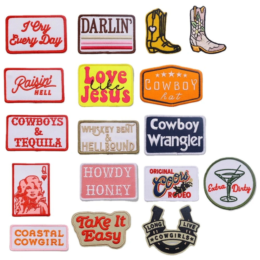 Custom Heat Press Embroidery/Woven/Sequin/Chenille Cute Small Patch Iron On Western Cowboy Hat Patches For Trucker Hat