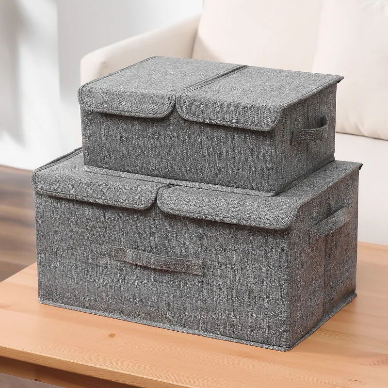 Washable Cotton Linen Double Lattice cloth storage box foldable With PP Plastic board