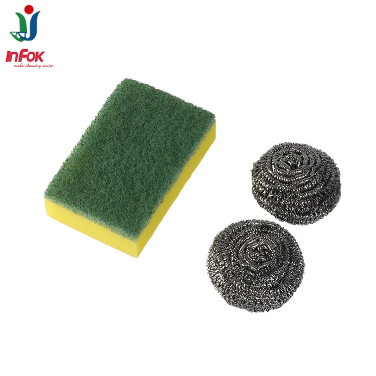 Оптовая продажа, губка для мытья посуды, губка для мытья посуды с 2 шариками из стальной проволоки
