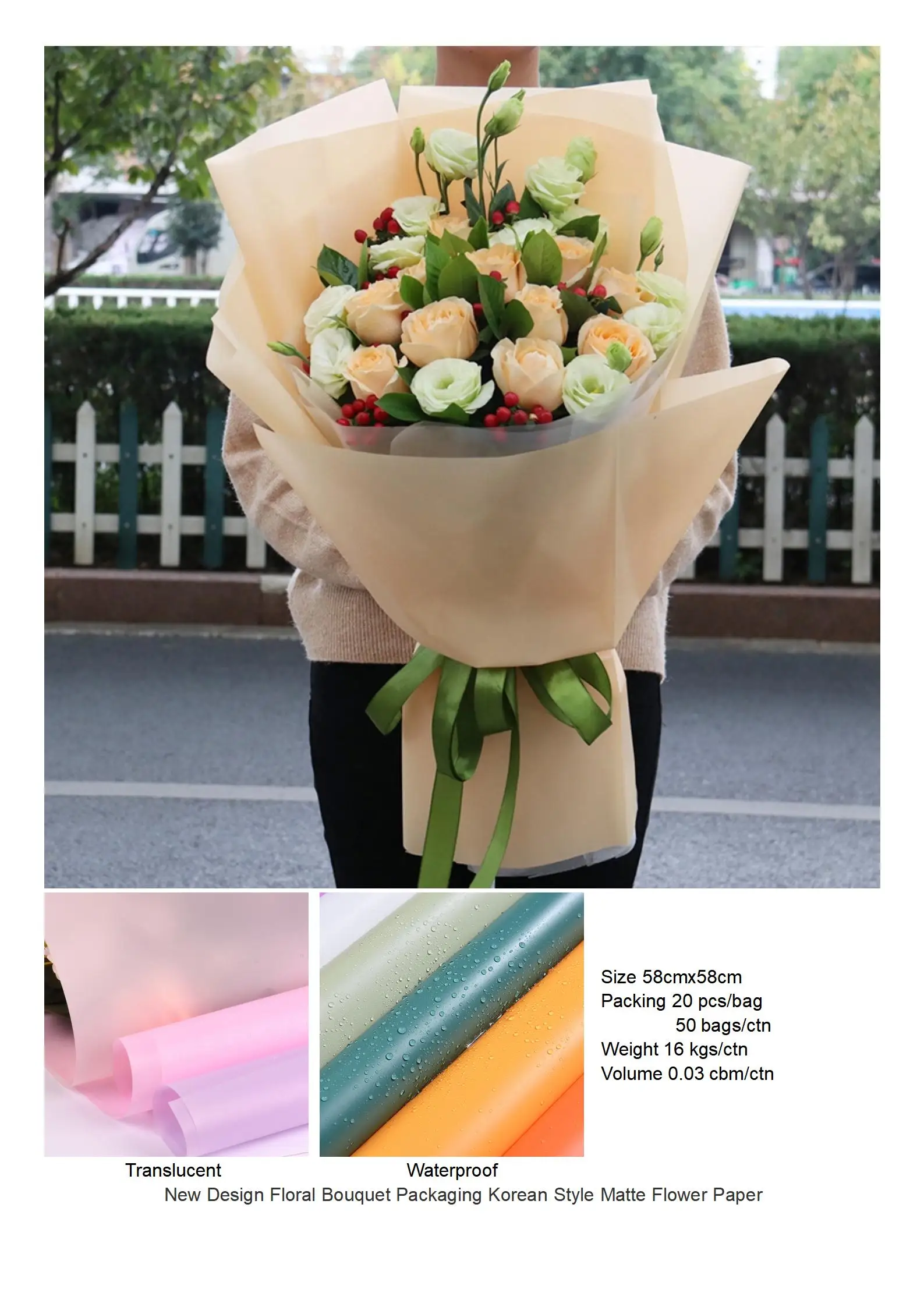 LONGSUN HOT SALE New Design Floral Bouquet Packaging Korean Style Flower Wrapping Matte Waterproof Flower Paper