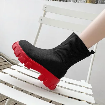211009  35-43 Large size pair socks knitted round head fashion muffin bottom flying Weaver ankle boots