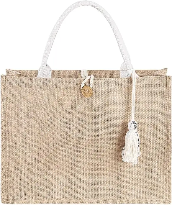 Pamela Beach Bag for Women Waterproof Beach Bag, Vinyl Lining Tassel Pocket Jute Tote Bag for Vacation Pool Grocery Gift