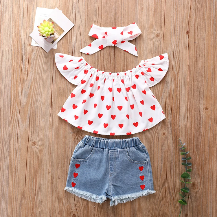 Lovely Little Girl Clothes Ruffle Off Shoulder Top And Denim Shorts 2Pcs Summer Kids Girls Clothing Set