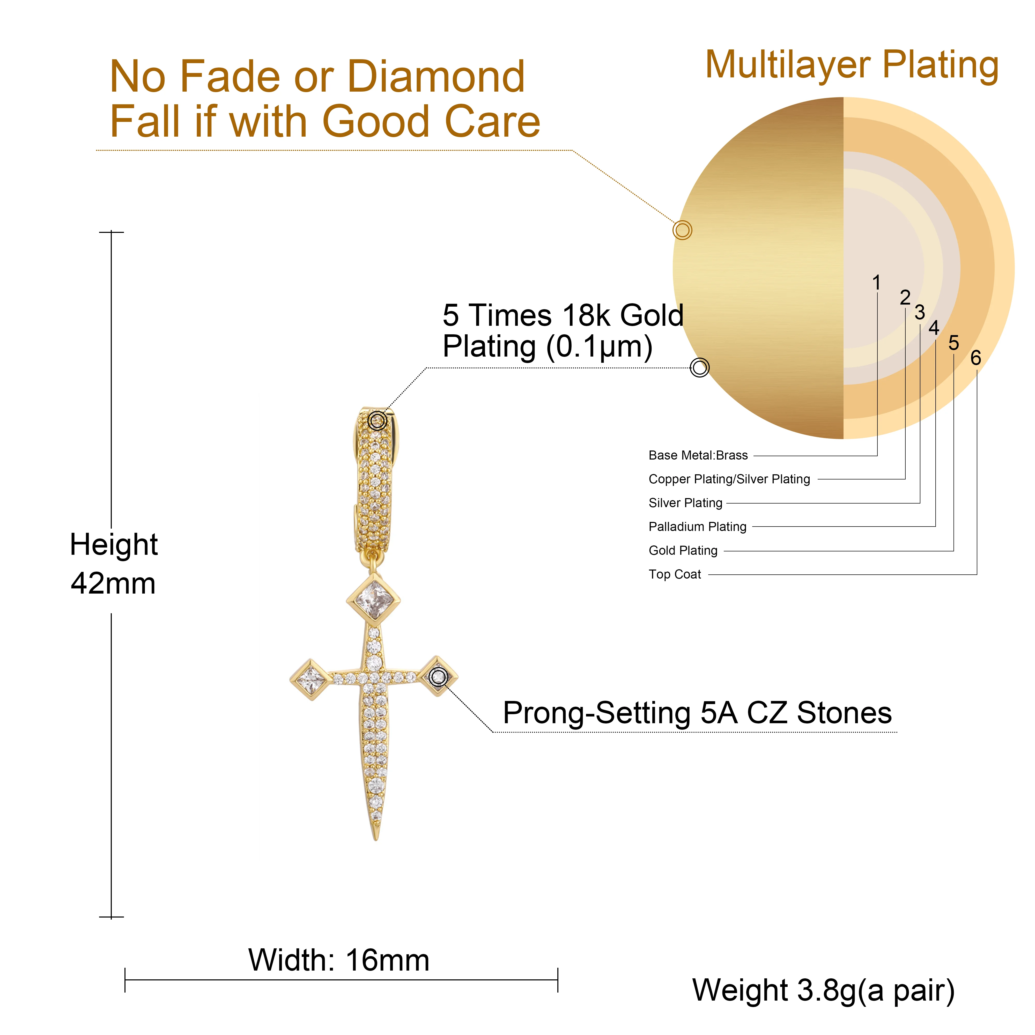 Unisex Hip Hop Dangle Earrings: Bling Ice Out Sword Cross - Rapper Jewelry