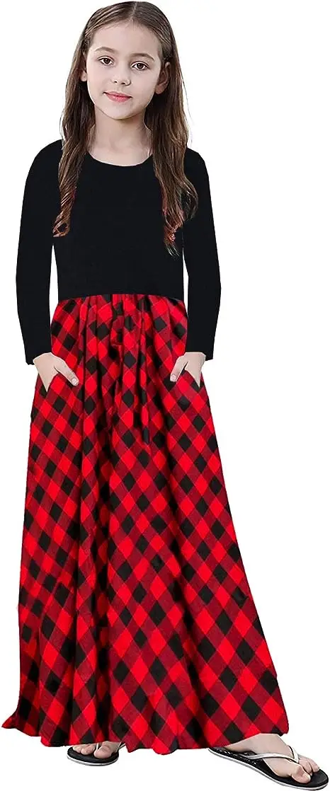 Girl Maxi Dress Kids Casual Buffalo Check Plaid Long Sleeve Dress With Pocket