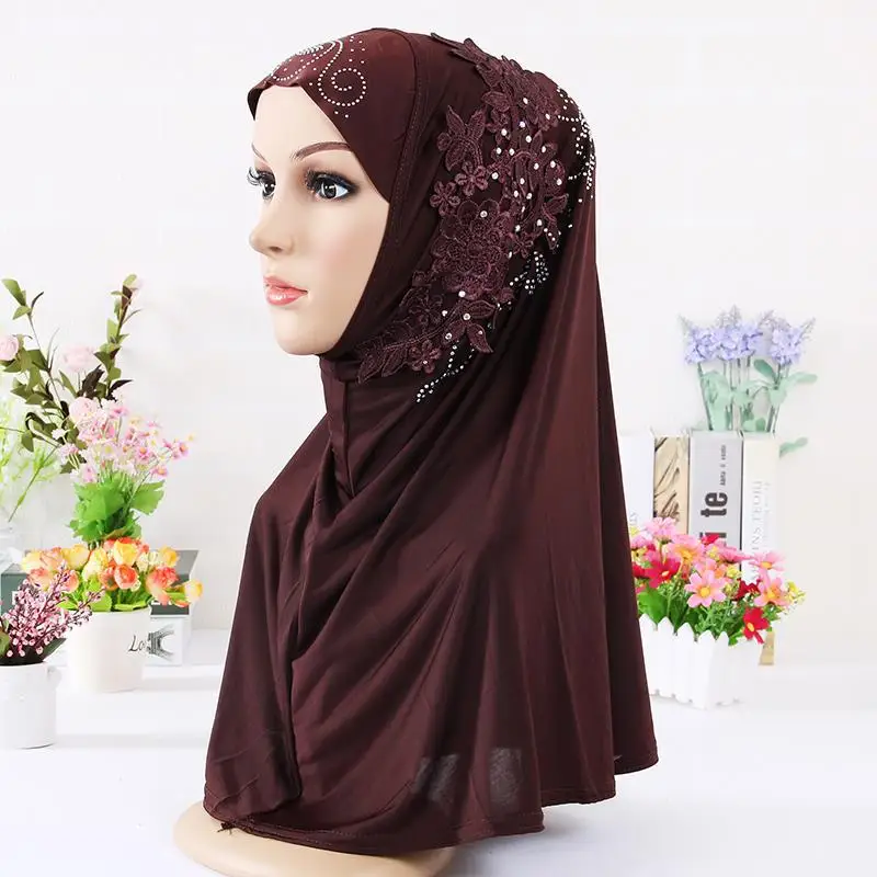 lace flowers rhinestones muslim hijab women islamic beaded hijab scarf HW263