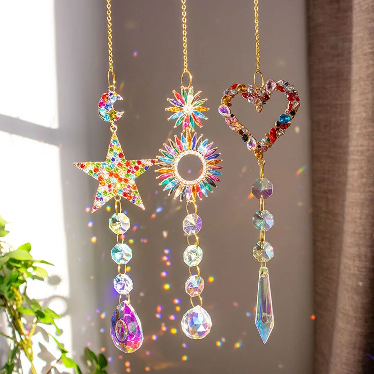 Colour Crystal love heart star sun catcher wind chimes hanging for home garden decor window lamp crystal hanging ornament