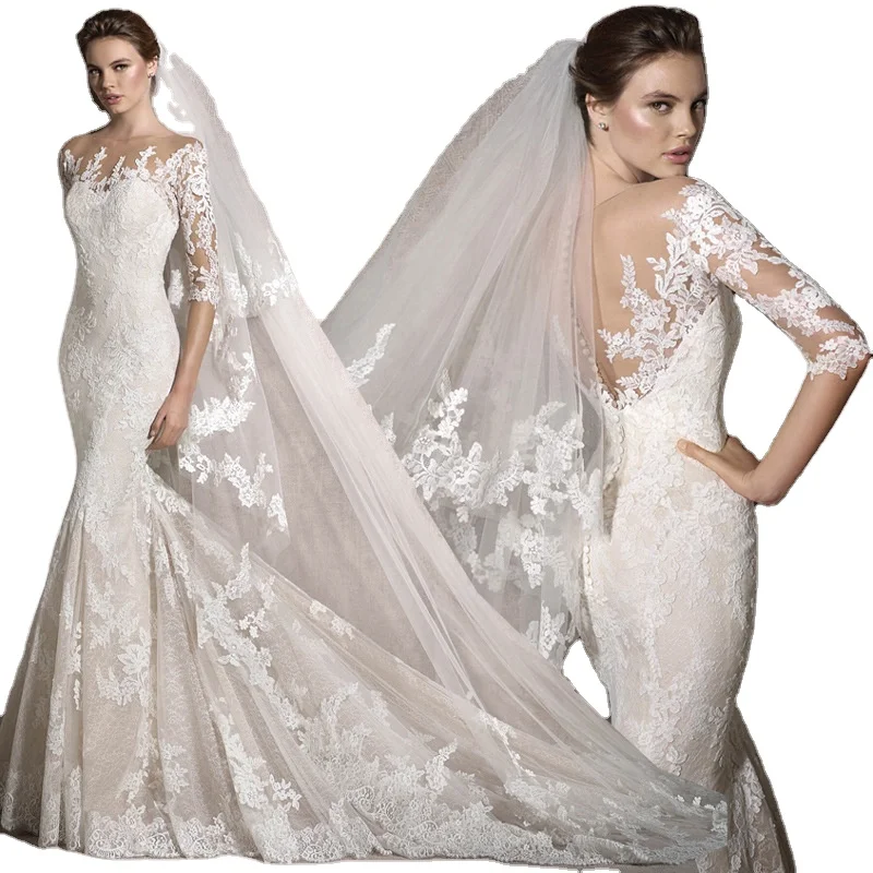 Luxury style bridal French mermaid wedding dress trailing waist thin shoulder lace light long-sleeved dress