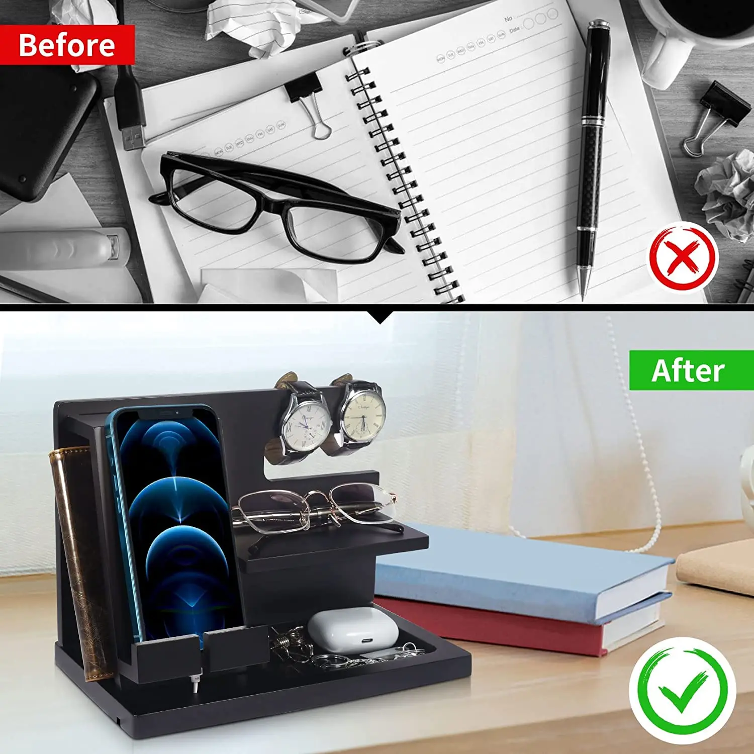 Черное дерево док-станция для телефона тумбочка Органайзер Настольные принадлежности ключ держатель