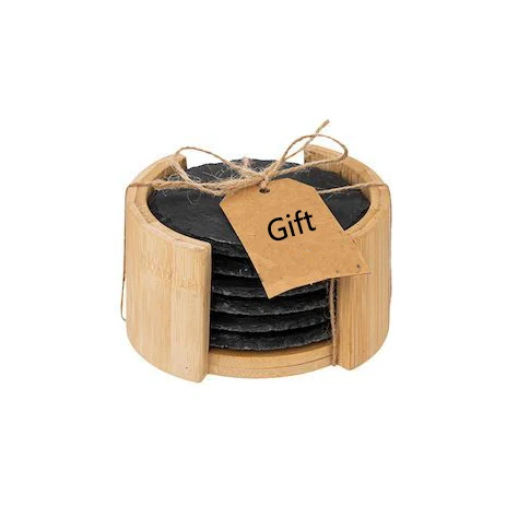 Custom 100% Natural round Slate Coaster Set with Bamboo Holder Bulk Wholesale Drinking Mats & Pads
