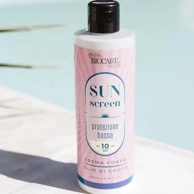 Солнцезащитный экран с низкой защитой 10 SPF подходящий для темной кожи делает загар признаком здоровья 250 мл биоцир сделанный в Италии