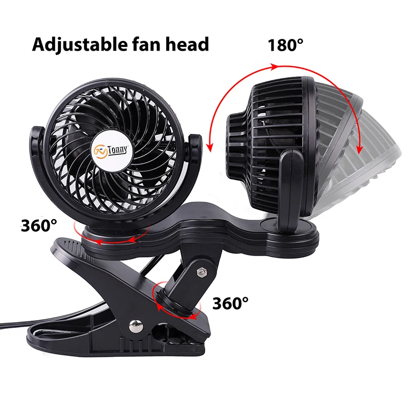 Factory Made Hot Sell 12V Clip-on Dual-Head double Car Fan with variable speed control and heavy duty clip