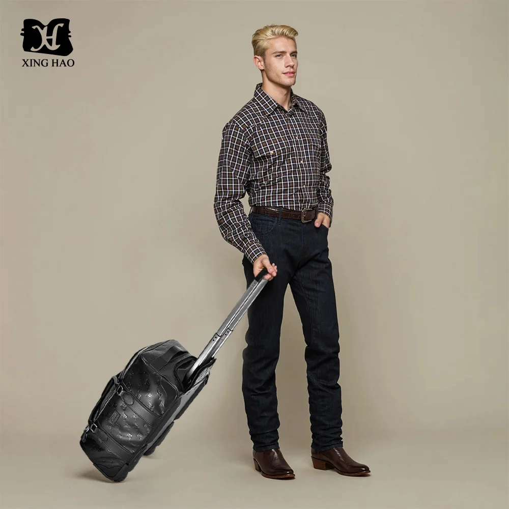 Custom Heavy Duty Men Black Vegan Leather Travel Duffel Trolley Luggage Bag With Wheels