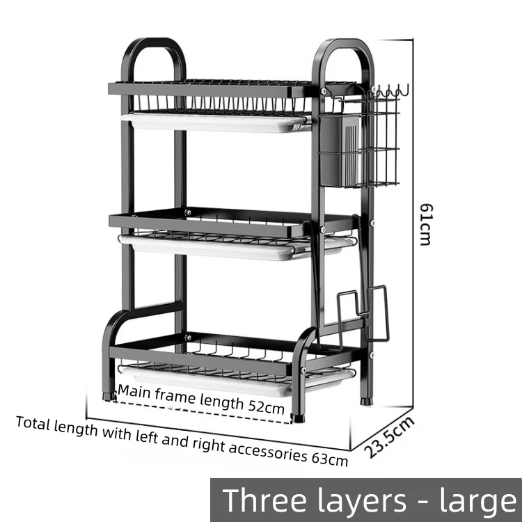 High Quality Black Metal Dish Drying Rack Carbon Steel Kitchen Organizer with 3 Tier Metal Dish Drainer Rack