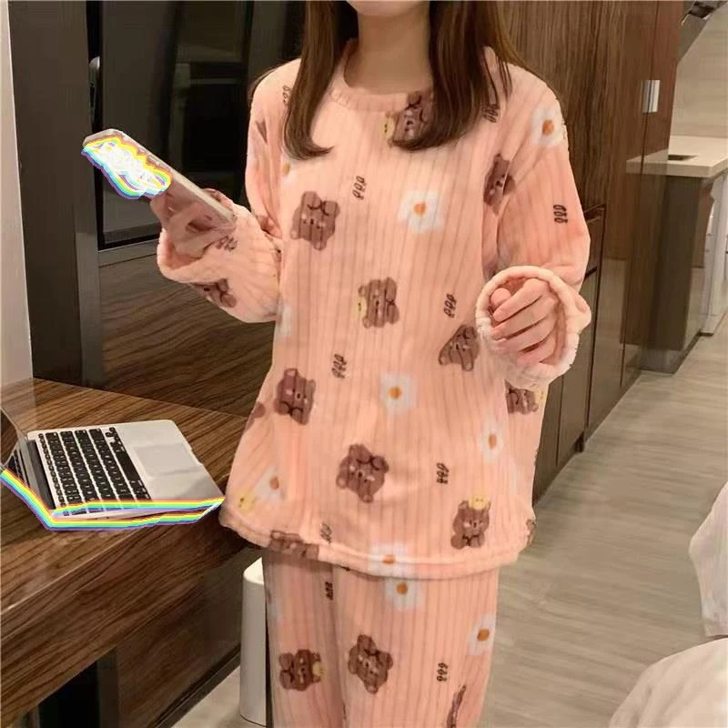 factory wholesale winter flannel printed cute pijamas for women new design pajamas set warm nightgown