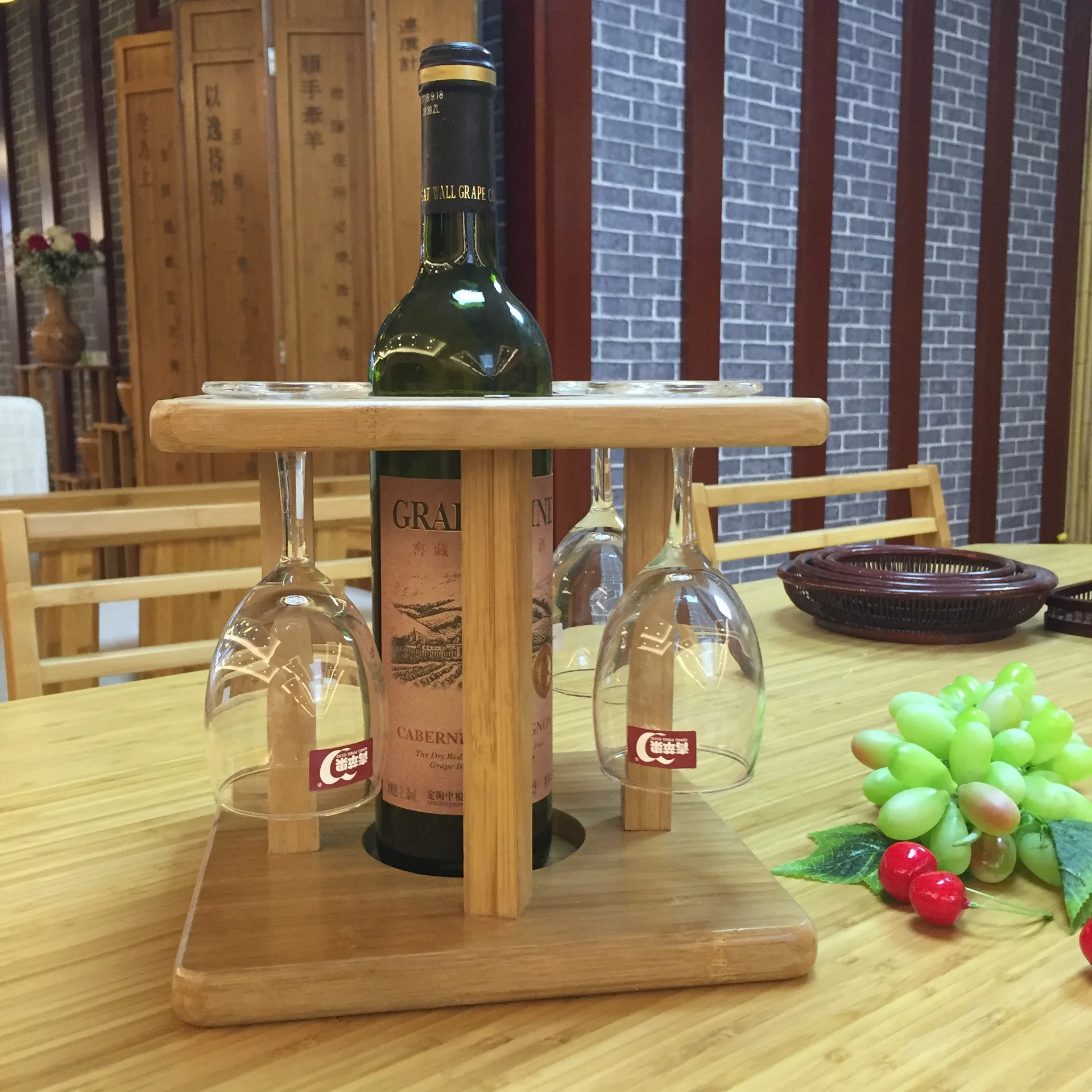 Wine Bottle Holder Glass Cup Rack Wine Organizer Bamboo Stand Countertop Tabletop Display
