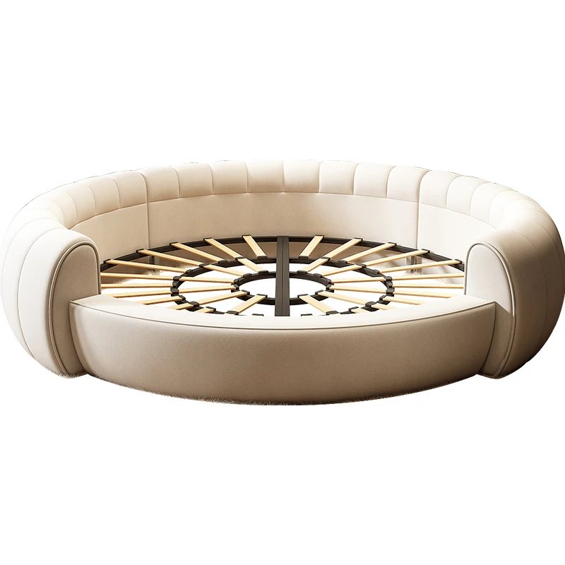 Italian modern Luxury Puff Cream lit rond round rotating circle Bed king size mattress Ins Luxury Soft Senna Round Bed frame