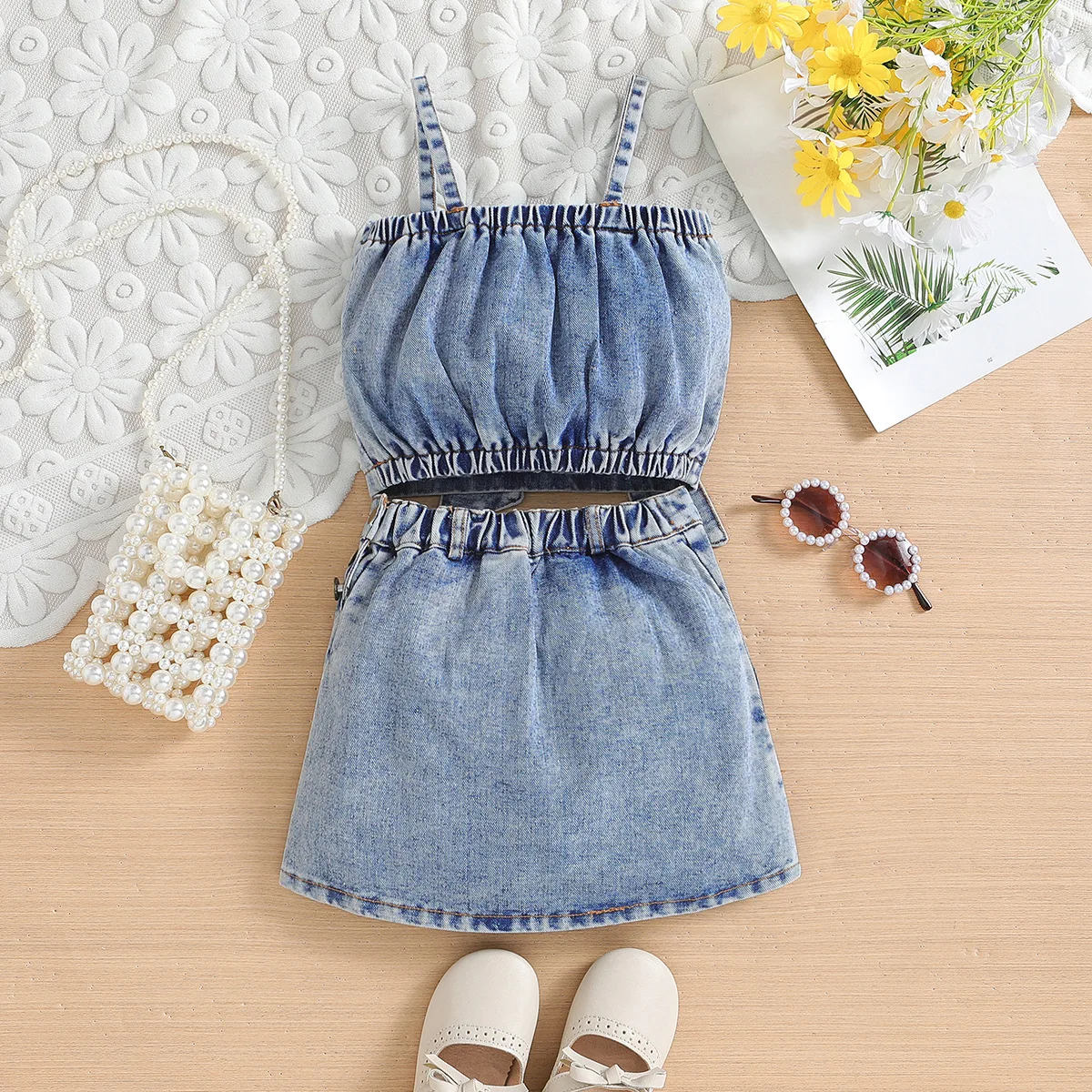 2024 Summer Toddler Girl Denim Set Sleeveless Crop Top + Skirt 2 pcs Short Set 2-6 Years